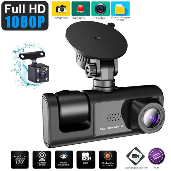 CÁMARA PARA AUTOMÓVIL WIFI 3 EN 1 HD 1080P CON CÁMARA TRASERA